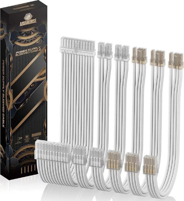 2025/12/1000385548.jpg Asiahorse 16AWG Transparent Sleeved PSU Extension Cable Kit – 6-Pack, 300mm, PET Braided, Gold-Plated Terminals, Soft Material, Dual CPU Support, White