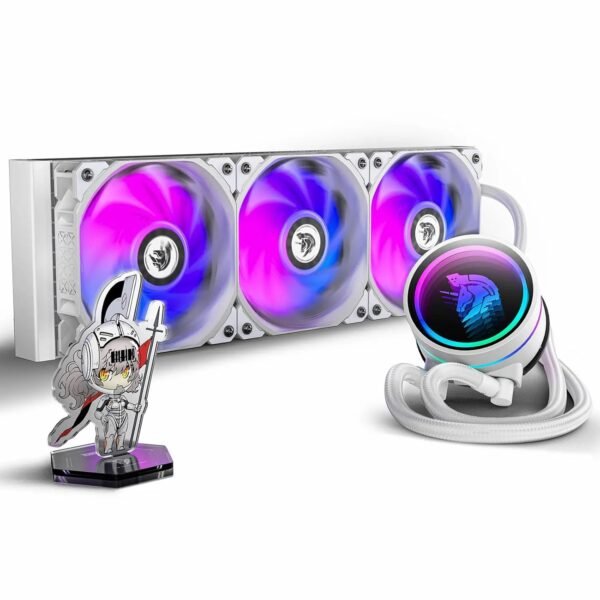 2025/12/1000385549.jpg ASIAHORSE Knight W360 ARGB AIO Liquid Cooler White – 360mm Radiator, LCD Display, 3 ARGB Fans, Dual-Pump Design, 330W Cooling, 400mm Tubes, Copper Base