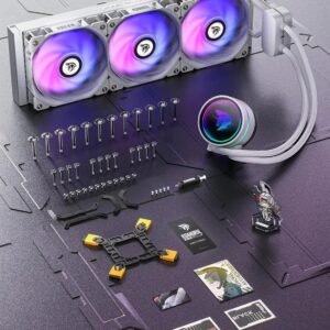 2025/12/1000385553.jpg ASIAHORSE Knight W360 ARGB AIO Liquid Cooler White – 360mm Radiator, LCD Display, 3 ARGB Fans, Dual-Pump Design, 330W Cooling, 400mm Tubes, Copper Base