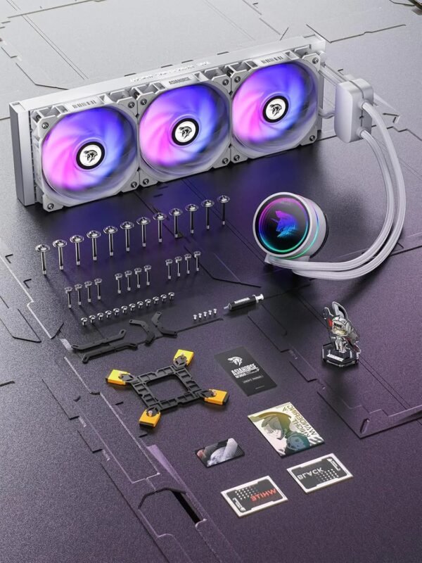 2025/12/1000385553.jpg ASIAHORSE Knight W360 ARGB AIO Liquid Cooler White – 360mm Radiator, LCD Display, 3 ARGB Fans, Dual-Pump Design, 330W Cooling, 400mm Tubes, Copper Base