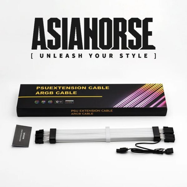 ASIAHORSE 18AWG 2×8 Pin ARGB GPU Extension Cable – Black | Dual 8-Pin PCIe Strimer | 300mm Silicone-Sleeved | AURA Sync Compatible | 54 Addressable LEDs