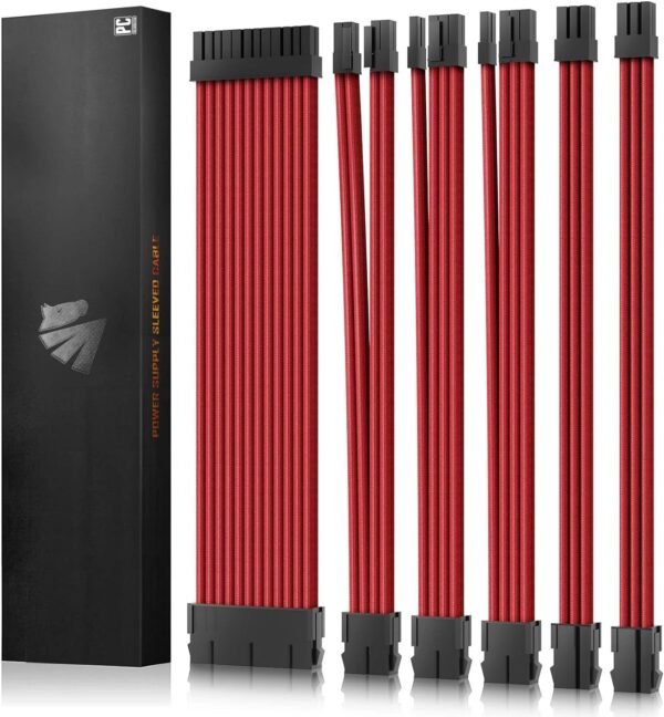 2025/12/1000386980.jpg AsiaHorse 18AWG Red Sleeved PSU Extension Cable Kit – 6 Pack, 300mm, PET Braided, Phosphor Copper Terminals, Durable & Flexible Cable Management Solution