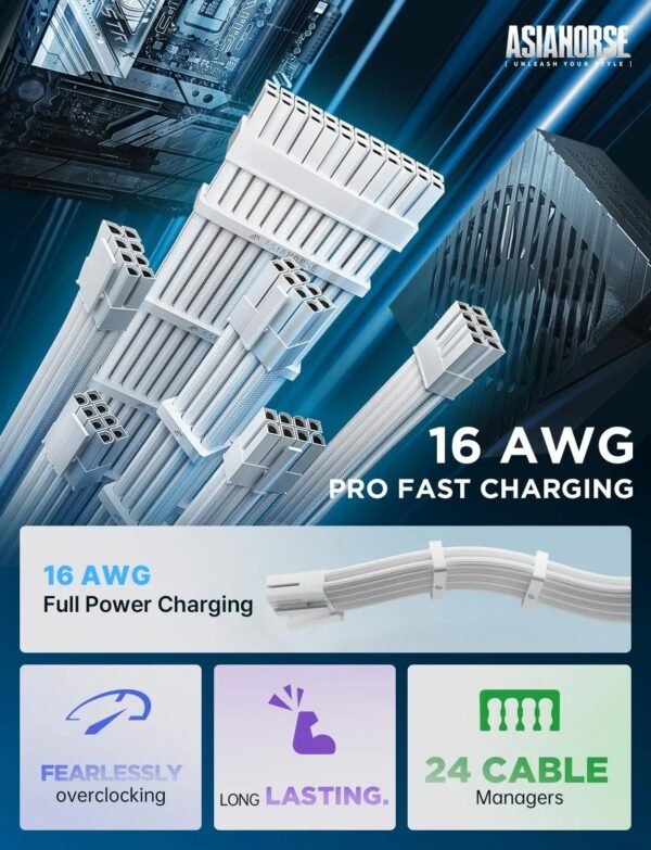 2025/12/1000386982.jpg ASIAHORSE Snow Series PSU Cable Extension Kit – 16AWG Cotton Sleeved, 6-Pack, Double CPU Support, 300mm Length, PET Braided, Gold-Plated Terminals, White