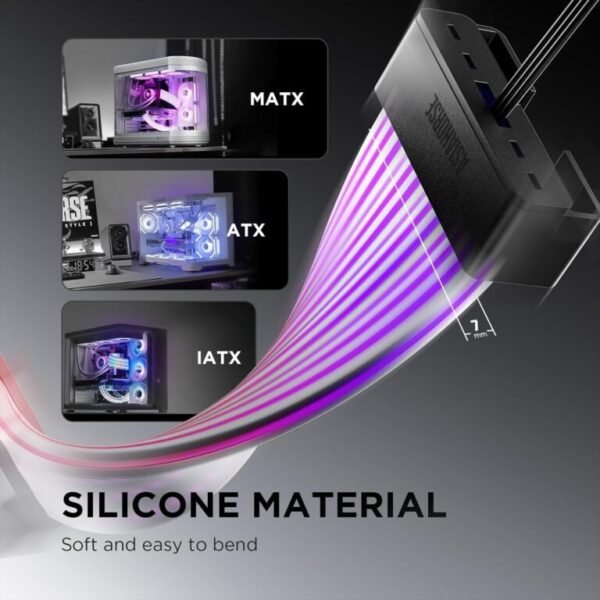 2025/12/1000387115.jpg ASIAHORSE AURORA PRO ARGB PSU Cable Cover – 108 LEDs | 5V 3-Pin Sync | Fits 24-Pin & Dual 8-Pin GPU Cables | Black Cover | Clean Aesthetic Cable Management