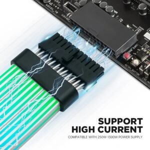 ASIAHORSE 24-Pin ARGB Extension Cable Black – 18AWG Sleeved, Dual LED Module, 60 Addressable LEDs, 5V 3-Pin A-RGB, 260mm Length, ATX PSU Cable for AURA Sync