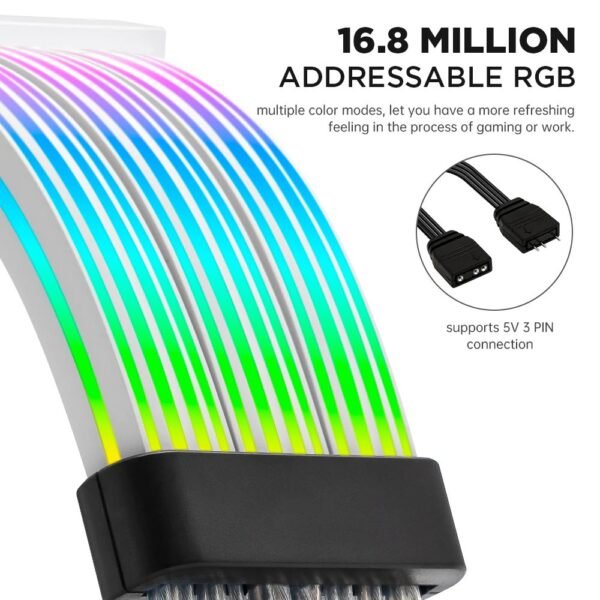 ASIAHORSE 24-Pin ARGB Extension Cable Black – 18AWG Sleeved, Dual LED Module, 60 Addressable LEDs, 5V 3-Pin A-RGB, 260mm Length, ATX PSU Cable for AURA Sync