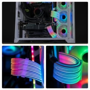 ASIAHORSE 24-Pin ARGB Extension Cable Black – 18AWG Sleeved, Dual LED Module, 60 Addressable LEDs, 5V 3-Pin A-RGB, 260mm Length, ATX PSU Cable for AURA Sync