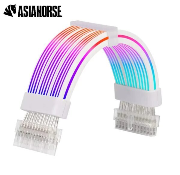 ASIAHORSE 24-Pin ARGB Extension Cable White – 18AWG Sleeved, Dual LED Module, 60 Addressable LEDs, 5V 3-Pin A-RGB, 260mm Length, ATX PSU Cable for AURA Sync
