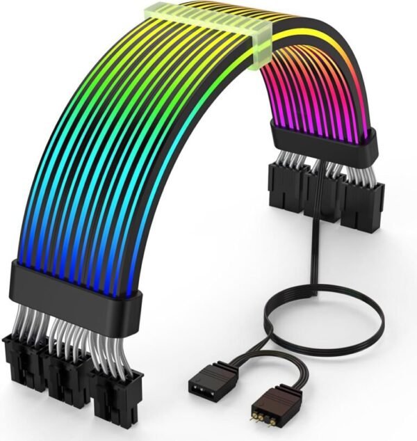 2025/12/1000387141.jpg ASIAHORSE 18AWG GPU 24 (3×8) PIN ARGB Dual SR Extension Cable | 300mm Sleeved Silicone RGB Cable | 81 LEDs | Silver-Plated Wire | Black | Auro Sync Compatible