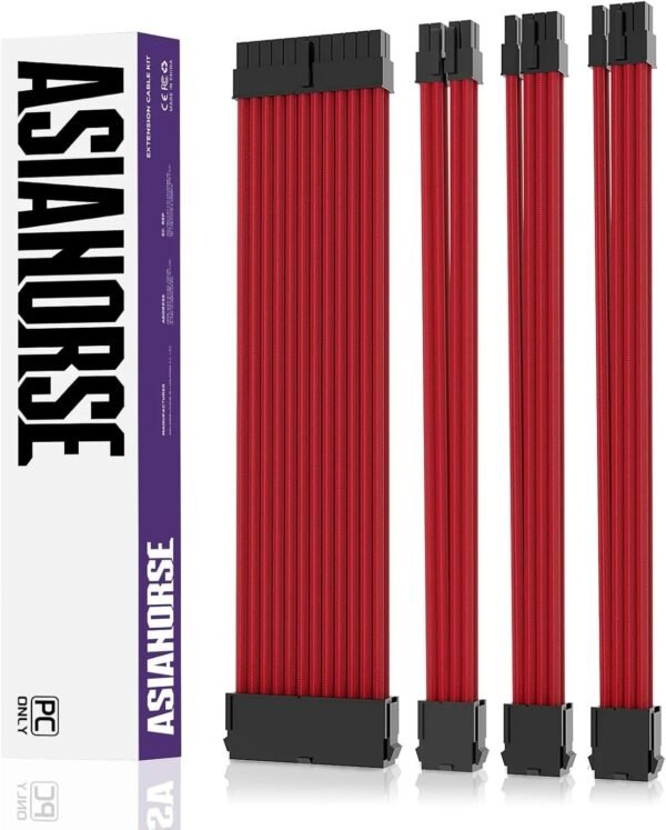 2025/12/1000387198.jpg ASIAHORSE 18AWG Red PSU Cable Extension Kit – 4 Pack (24-Pin ATX, 4+4 Pin EPS, 2x PCI-E 6+2) Braided Sleeved, Soft Nylon, Cable Combs, Universal Compatibility