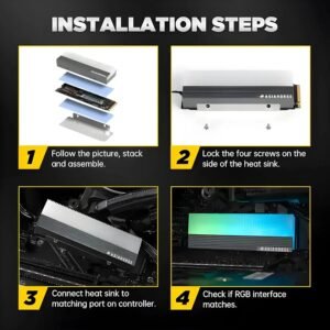 2025/12/1000387212.jpg AsiaHorse ProGen ARGB NVMe SSD Heatsink – PCIe 4.0 M.2 Cooler, Aluminum Alloy, 10–20°C Cooling, 5V ARGB Sync, 3 Thermal Pads, Compatible with Single & Double-Sided SSDs, Grey