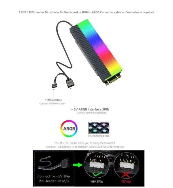 2025/12/1000387214.jpg AsiaHorse ProGen ARGB NVMe SSD Heatsink – PCIe 4.0 M.2 Cooler, Aluminum Alloy, 10–20°C Cooling, 5V ARGB Sync, 3 Thermal Pads, Compatible with Single & Double-Sided SSDs, Grey