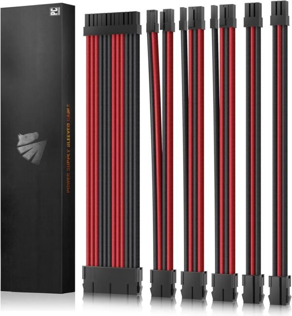 2025/12/1000387215.jpg AsiaHorse 18AWG Red-Black Sleeved PSU Extension Cable Kit – 6 Pack, 300mm, PET Braided, Phosphor Copper Terminals, Durable & Flexible Cable Management Solution
