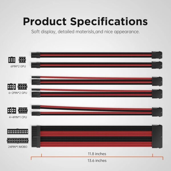 2025/12/1000387221.jpg AsiaHorse 18AWG Red-Black Sleeved PSU Extension Cable Kit – 6 Pack, 300mm, PET Braided, Phosphor Copper Terminals, Durable & Flexible Cable Management Solution