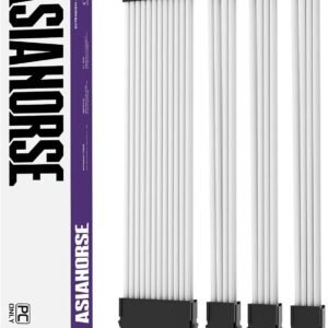 ASIAHORSE 18AWG White PSU Cable Extension Kit – 4 Pack (24-Pin ATX, 4+4 Pin EPS, 2x PCI-E 6+2) Braided Sleeved, Soft Nylon, Cable Combs, Universal Compatibility