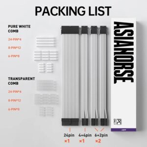 ASIAHORSE 18AWG White PSU Cable Extension Kit – 4 Pack (24-Pin ATX, 4+4 Pin EPS, 2x PCI-E 6+2) Braided Sleeved, Soft Nylon, Cable Combs, Universal Compatibility