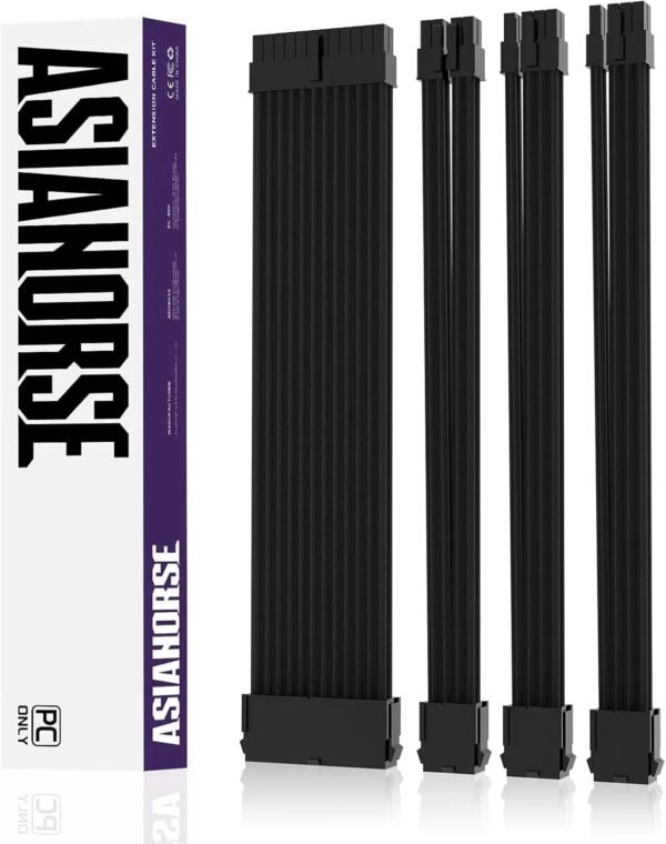 ASIAHORSE 18AWG Black PSU Cable Extension Kit – 4 Pack (24-Pin ATX, 4+4 Pin EPS, 2x PCI-E 6+2) Braided Sleeved, Soft Nylon, Cable Combs, Universal Compatibility