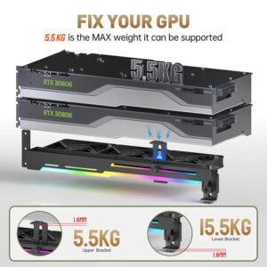 2025/12/1000387450.jpg AsiaHorse VoltEd GPU Support Bracket with 3x 80mm ARGB Fans – GPU Brace with PWM Cooling, 5V 3-Pin Sync, Adjustable Design, Strong Support & RGB Lighting, Black