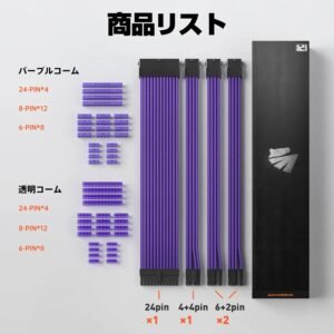 ASIAHORSE 18AWG Purple PSU Cable Extension Kit – 4 Pack (24-Pin ATX, 4+4 Pin EPS, 2x PCI-E 6+2) Braided Sleeved, Soft Nylon, Cable Combs, Universal Compatibility