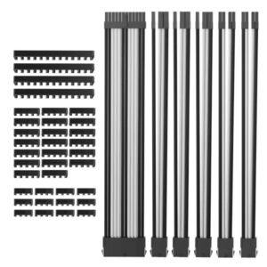 AsiaHorse 18AWG Black-White Sleeved PSU Extension Cable Kit – 6 Pack, 300mm, PET Braided, Phosphor Copper Terminals, Durable & Flexible Cable Management Solution