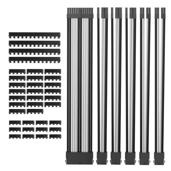 AsiaHorse 18AWG Black-White Sleeved PSU Extension Cable Kit – 6 Pack, 300mm, PET Braided, Phosphor Copper Terminals, Durable & Flexible Cable Management Solution