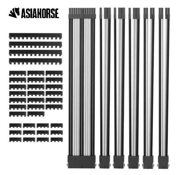 AsiaHorse 18AWG Black-White Sleeved PSU Extension Cable Kit – 6 Pack, 300mm, PET Braided, Phosphor Copper Terminals, Durable & Flexible Cable Management Solution