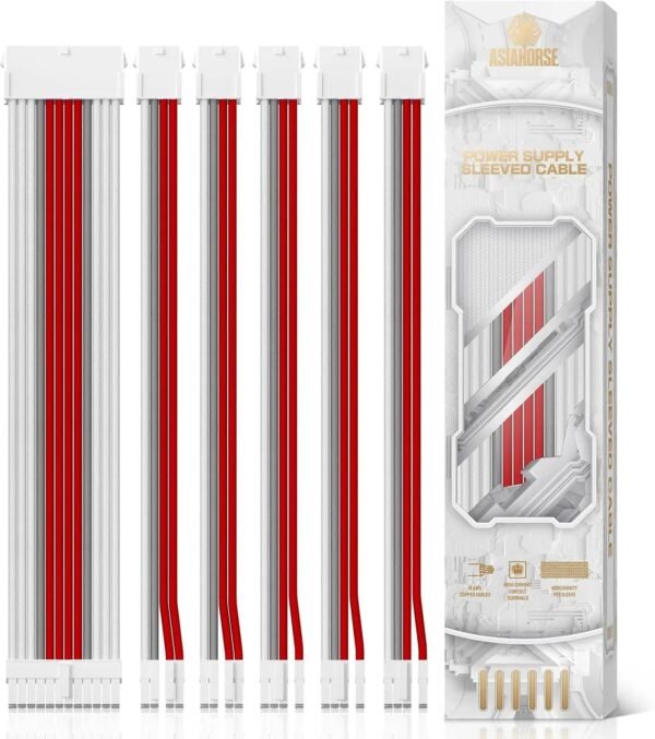ASIAHORSE Snow Series PSU Cable Extension Kit – 16AWG Cotton Sleeved, 6-Pack, Double CPU Support, 300mm Length, PET Braided, Gold-Plated Terminals, Red-White-Grey