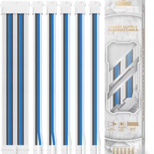 ASIAHORSE Snow Series PSU Cable Extension Kit – 16AWG Cotton Sleeved, 6-Pack, Double CPU Support, 300mm Length, PET Braided, Gold-Plated Terminals, Blue-White-Grey