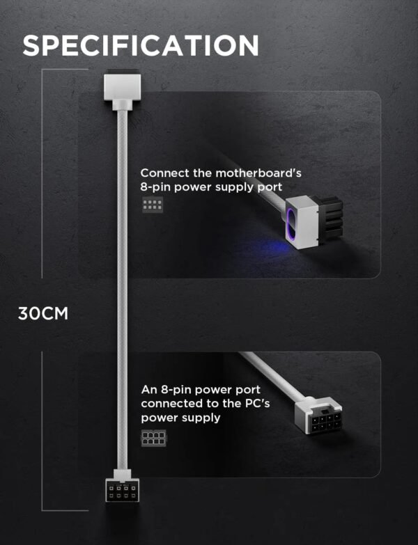 2025/12/1000387554.jpg ASIAHORSE Hydrus 8-Pin ARGB CPU Extension Cable – 30cm White, 18AWG Wire, RGB Lighting, 12V, 25A Current, 300W Power Rating, Premium PVC Build for Clean Aesthetics