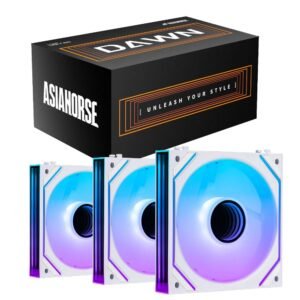 AsiaHorse Dawn Pro ARGB 120mm Fan 3-Pack – Modular Daisy Chain, Infinity Mirror, PWM Control, HDB Bearing, 900-1850 RPM, 71 CFM Airflow, ARGB Sync – Forward White