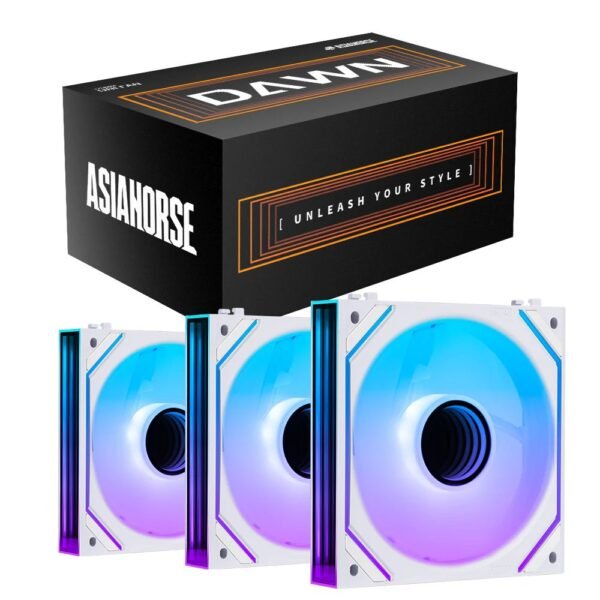 AsiaHorse Dawn Pro ARGB 120mm Fan 3-Pack – Modular Daisy Chain, Infinity Mirror, PWM Control, HDB Bearing, 900-1850 RPM, 71 CFM Airflow, ARGB Sync – Forward White