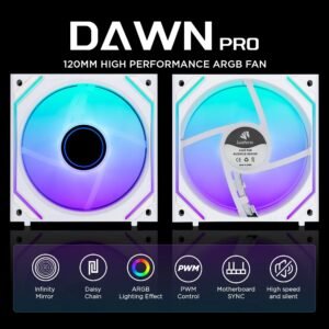 AsiaHorse Dawn Pro ARGB 120mm Fan 3-Pack – Modular Daisy Chain, Infinity Mirror, PWM Control, HDB Bearing, 900-1850 RPM, 71 CFM Airflow, ARGB Sync – Forward White
