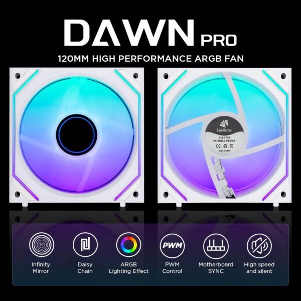 AsiaHorse Dawn Pro ARGB 120mm Fan 3-Pack – Modular Daisy Chain, Infinity Mirror, PWM Control, HDB Bearing, 900-1850 RPM, 71 CFM Airflow, ARGB Sync – Forward White