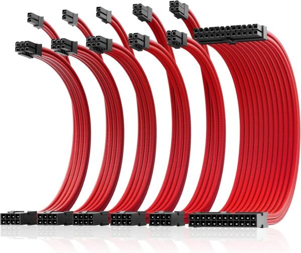 AsiaHorse 16AWG 6KIT DOUBLE Red Sleeved PSU Cable Extension Kit – 24-Pin ATX, Dual 4+4 CPU EPS, 3x PCI-E 6+2, Gold-Plated Terminals, 300mm, High-Density PET Braided