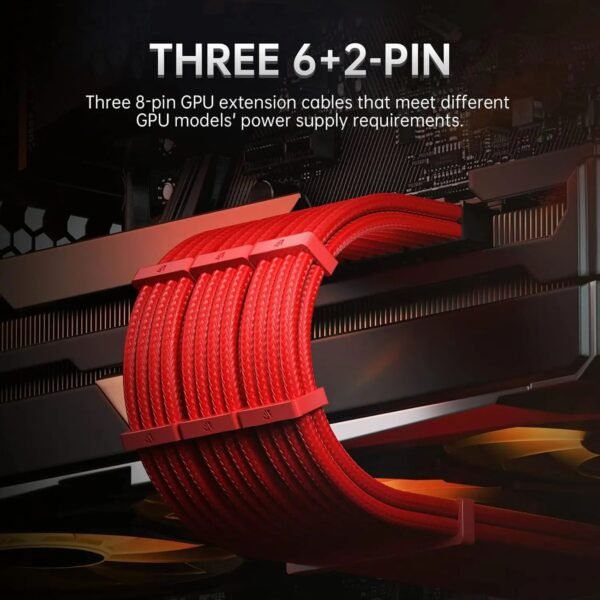 AsiaHorse 16AWG 6KIT DOUBLE Red Sleeved PSU Cable Extension Kit – 24-Pin ATX, Dual 4+4 CPU EPS, 3x PCI-E 6+2, Gold-Plated Terminals, 300mm, High-Density PET Braided