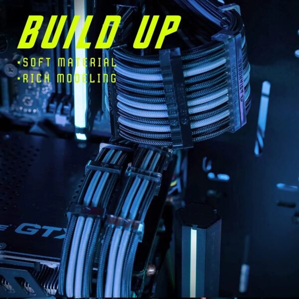 ASIAHORSE 18AWG Black-Grey PSU Cable Extension Kit – 4 Pack (24-Pin ATX, 4+4 Pin EPS, 2x PCI-E 6+2) Braided Sleeved, Soft Nylon, Cable Combs, Universal Compatibility