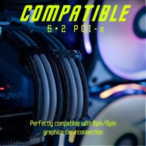 ASIAHORSE 18AWG Black-Grey PSU Cable Extension Kit – 4 Pack (24-Pin ATX, 4+4 Pin EPS, 2x PCI-E 6+2) Braided Sleeved, Soft Nylon, Cable Combs, Universal Compatibility