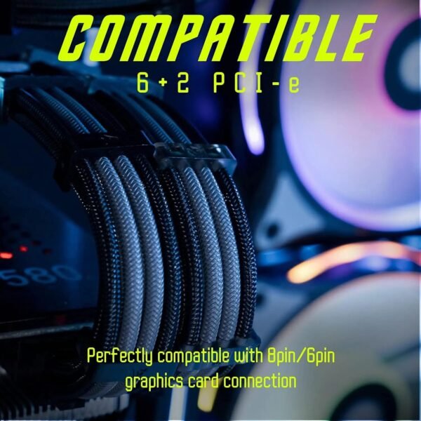 ASIAHORSE 18AWG Black-Grey PSU Cable Extension Kit – 4 Pack (24-Pin ATX, 4+4 Pin EPS, 2x PCI-E 6+2) Braided Sleeved, Soft Nylon, Cable Combs, Universal Compatibility