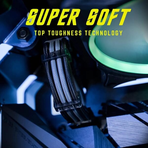 ASIAHORSE 18AWG Black-Grey PSU Cable Extension Kit – 4 Pack (24-Pin ATX, 4+4 Pin EPS, 2x PCI-E 6+2) Braided Sleeved, Soft Nylon, Cable Combs, Universal Compatibility