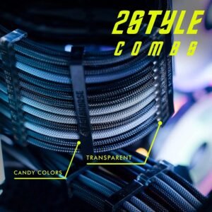 ASIAHORSE 18AWG Black-Grey PSU Cable Extension Kit – 4 Pack (24-Pin ATX, 4+4 Pin EPS, 2x PCI-E 6+2) Braided Sleeved, Soft Nylon, Cable Combs, Universal Compatibility