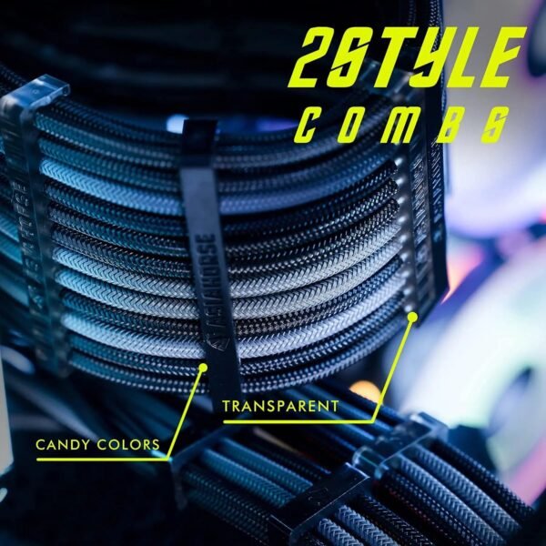 ASIAHORSE 18AWG Black-Grey PSU Cable Extension Kit – 4 Pack (24-Pin ATX, 4+4 Pin EPS, 2x PCI-E 6+2) Braided Sleeved, Soft Nylon, Cable Combs, Universal Compatibility