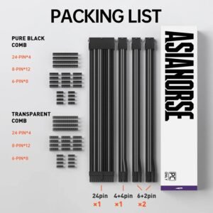 ASIAHORSE 18AWG Black-Grey PSU Cable Extension Kit – 4 Pack (24-Pin ATX, 4+4 Pin EPS, 2x PCI-E 6+2) Braided Sleeved, Soft Nylon, Cable Combs, Universal Compatibility
