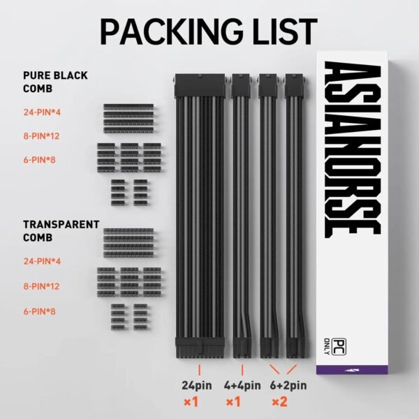 ASIAHORSE 18AWG Black-Grey PSU Cable Extension Kit – 4 Pack (24-Pin ATX, 4+4 Pin EPS, 2x PCI-E 6+2) Braided Sleeved, Soft Nylon, Cable Combs, Universal Compatibility