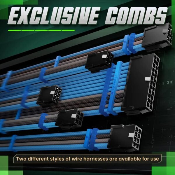 AsiaHorse 18AWG Blue-Grey-Black Sleeved PSU Extension Cable Kit – 6 Pack, 300mm, PET Braided, Phosphor Copper Terminals, Durable & Flexible Cable Management Solution