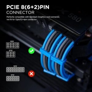 AsiaHorse 18AWG Blue-Grey-Black Sleeved PSU Extension Cable Kit – 6 Pack, 300mm, PET Braided, Phosphor Copper Terminals, Durable & Flexible Cable Management Solution