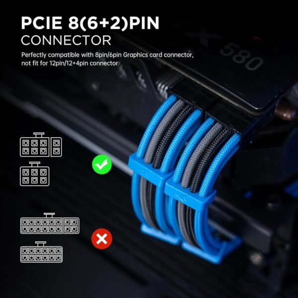 AsiaHorse 18AWG Blue-Grey-Black Sleeved PSU Extension Cable Kit – 6 Pack, 300mm, PET Braided, Phosphor Copper Terminals, Durable & Flexible Cable Management Solution