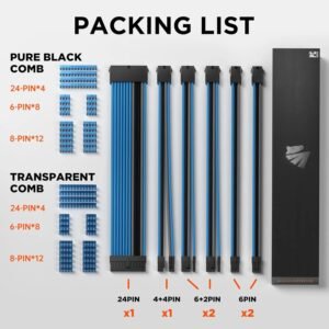 AsiaHorse 18AWG Blue-Grey-Black Sleeved PSU Extension Cable Kit – 6 Pack, 300mm, PET Braided, Phosphor Copper Terminals, Durable & Flexible Cable Management Solution