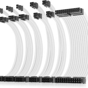 AsiaHorse 16AWG 6KIT DOUBLE White Sleeved PSU Cable Extension Kit – 24-Pin ATX, Dual 4+4 CPU EPS, 3x PCI-E 6+2, Gold-Plated Terminals, 300mm, High-Density PET Braided