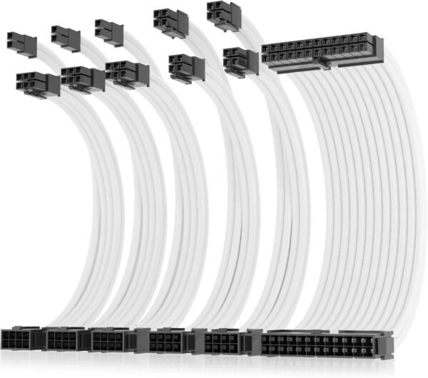 AsiaHorse 16AWG 6KIT DOUBLE White Sleeved PSU Cable Extension Kit – 24-Pin ATX, Dual 4+4 CPU EPS, 3x PCI-E 6+2, Gold-Plated Terminals, 300mm, High-Density PET Braided