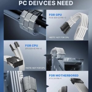 AsiaHorse 16AWG 6KIT DOUBLE White Sleeved PSU Cable Extension Kit – 24-Pin ATX, Dual 4+4 CPU EPS, 3x PCI-E 6+2, Gold-Plated Terminals, 300mm, High-Density PET Braided